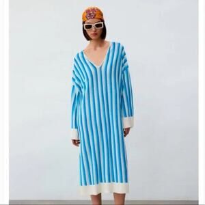 Zara Blue Striped V Neck Linen Blend Coverup Dress Size Medium NWT $90 MSRP